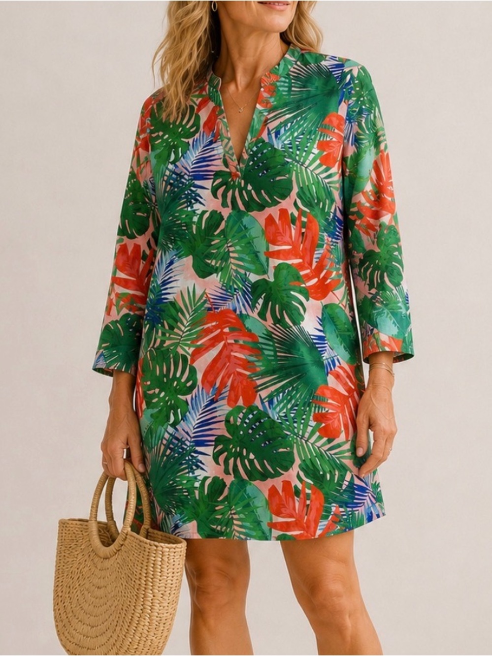 Tropical Leaf V-Neck Swim Coverup Tunic or dress in Green & Coral - Beautiful XL